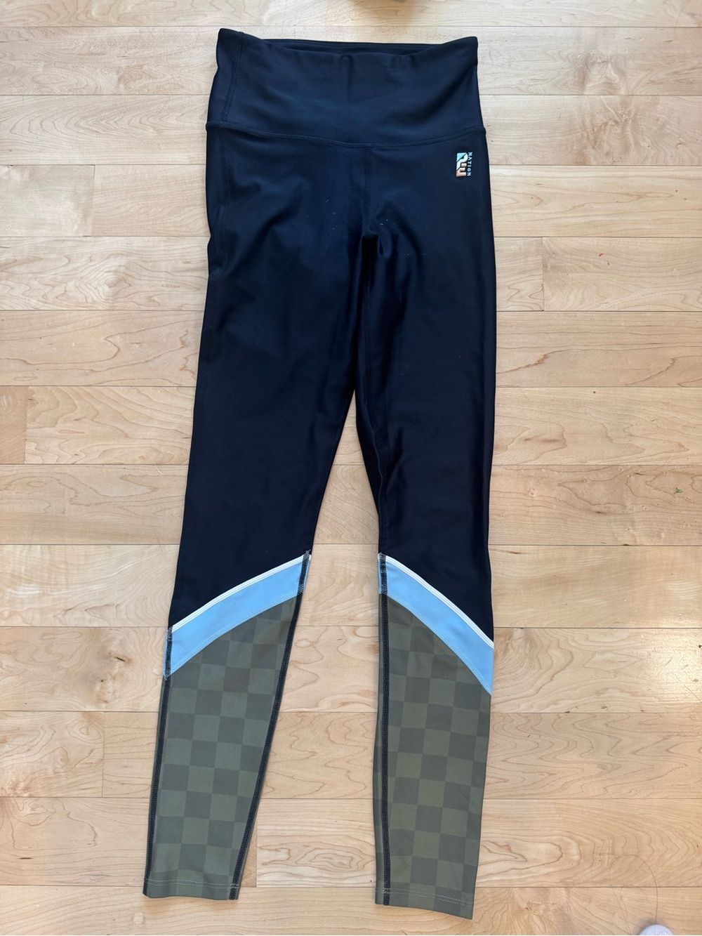 P.E Nation Black Leggings with Light Blue Chevron & Olive Check Panels